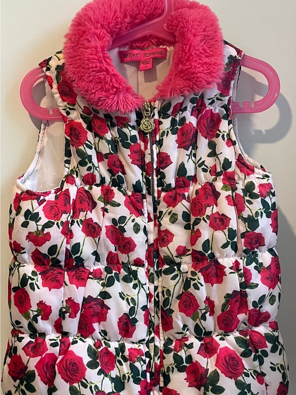 Betsey Johnson Girls' Pink Rose-Print Puffer Vest